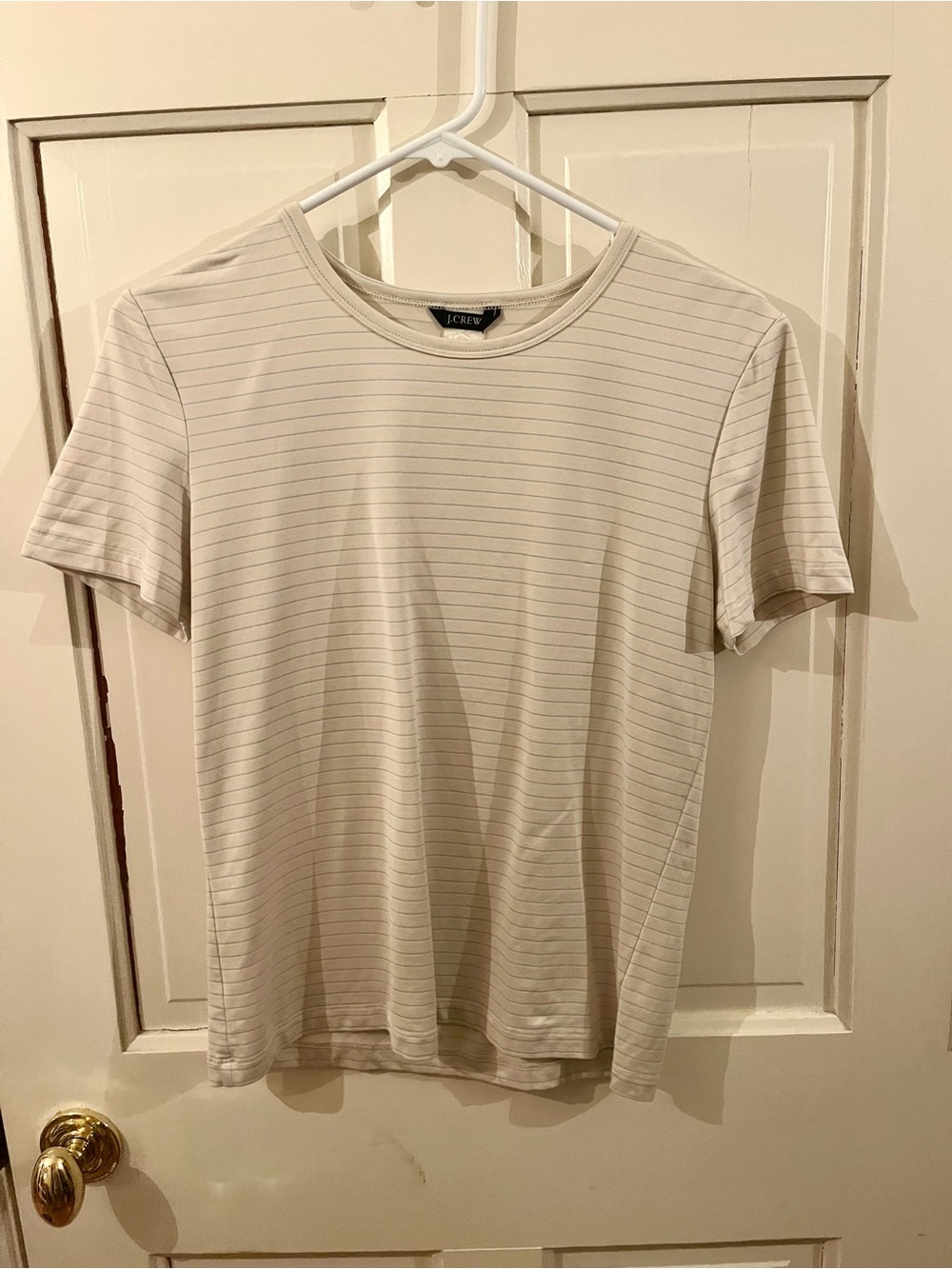 Vintage J. Crew Women’s Cream Thin-Stripe Crewneck T-Shirt Size Medium